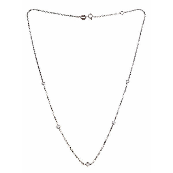 Contemporary necklace: a White Gold Bezel Set Round Brilliant Cut Diamond Chain sold by Doyle & Doyle vintage and antique jewelry boutique.                   Diamond 