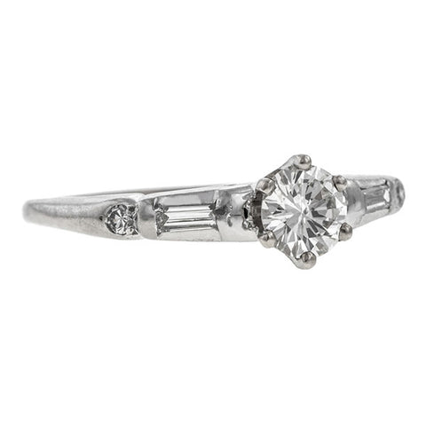 Vintage ring: a White Gold Round Brilliant, Baguette and Single Cut Diamond Engagement Ring sold by Doyle & Doyle vintage and antique jewelry boutique.