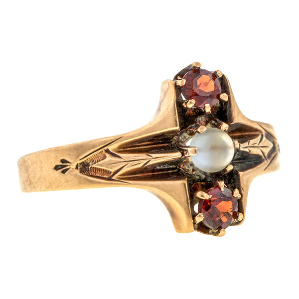 Victorian ring: a 10k Yellow Gold With Moonstone and Garnet Ring sold by Doyle & Doyle vintage and antique jewelry boutique.
