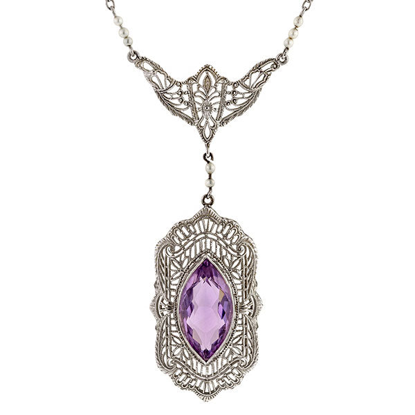 Antique necklace: a White Gold Filigree Marquise Cut Amethyst Pendant sold by Doyle & Doyle vintage and antique jewelry boutique.