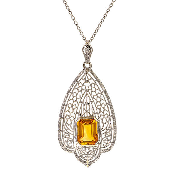 Vintage necklace: a White Gold Filigree Emerald Cut Citrine Pendant sold by Doyle & Doyle vintage and antique jewelry boutique.