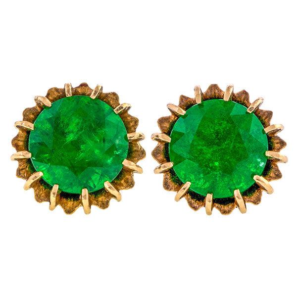 Antique earrings: a Rose Gold Round Emeralds Stud Earrings sold by Doyle & Doyle vintage and antique jewelry boutique.