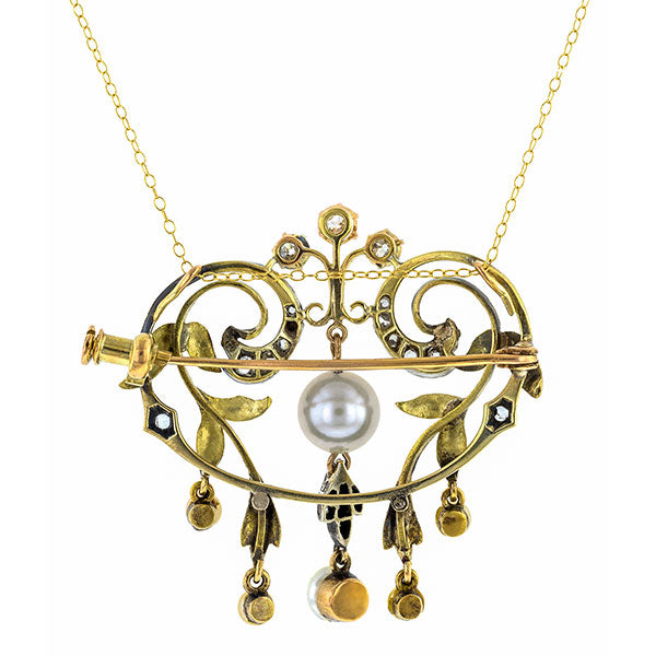Belle Epoch Necklace: a Yellow Gold And Silver With Pearl Necklace/Pin sold by Doyle & Doyle vintage and antique boutique.