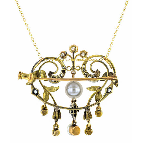 Belle Epoch Necklace: a Yellow Gold And Silver With Pearl Necklace/Pin sold by Doyle & Doyle vintage and antique boutique.