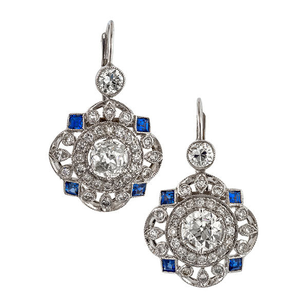 Art Deco style earrings: a White Gold Diamond and Sapphire Drop Earrings sold by Doyle & doyle vintage and antique jewelry boutique.