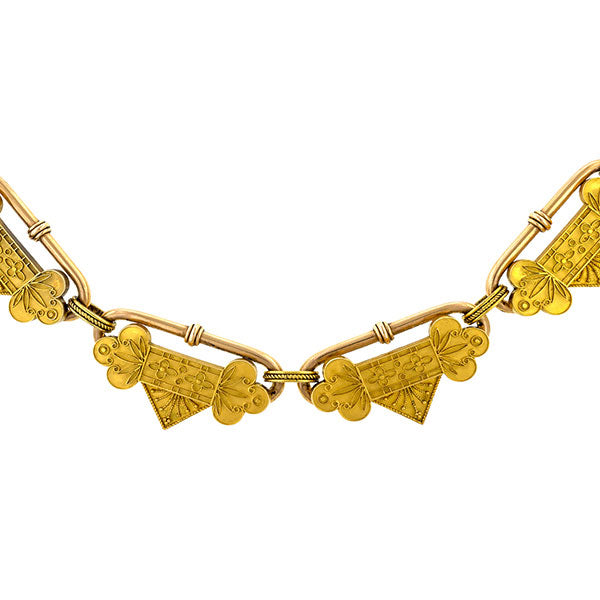Victorian necklace: a Yellow Gold Floral Motif And Etruscan Revival sold by Doyle & Doyle vintage and antique jewelry boutique.