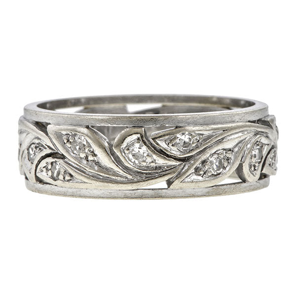 Vintage ring: a White Gold Floral Motif Diamond Wedding Band sold by Doyle & Doyle vintage and antique jewelry boutique.
