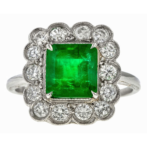 Vintage ring: a Platinum Emerald Cut Emerald Ring sold by Doyle & Doyle vintage and antique jewelry boutique.