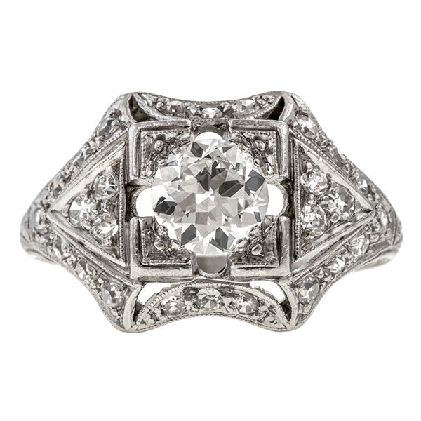 Art Deco ring: a Platinum Round Brilliant And Single Cut Diamond Engagement Ring sold by Doyle & Doyle vintage and antique jewelry boutique.