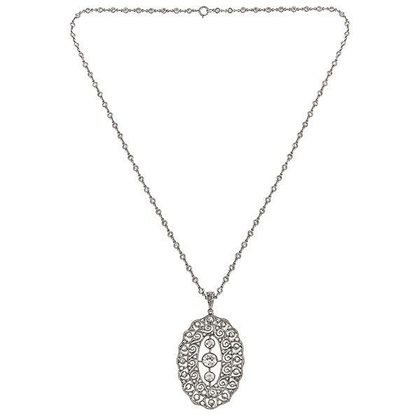 Art Deco necklace: a Platinum Old European And Rose Cut Diamond Filigree Pendant sold by Doyle & Doyle vintage and antique jewelry boutique.           