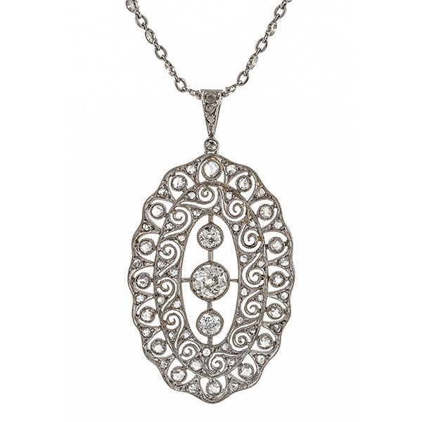 Art Deco necklace: a Platinum Old European And Rose Cut Diamond Filigree Pendant sold by Doyle & Doyle vintage and antique jewelry boutique.  