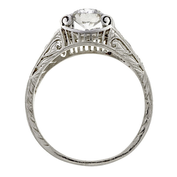 Art Deco ring: a Platinum Transition Round Brilliant Cut Diamond Engagement Ring sold by Doyle & Doyle vintage and antique jewelry boutique.