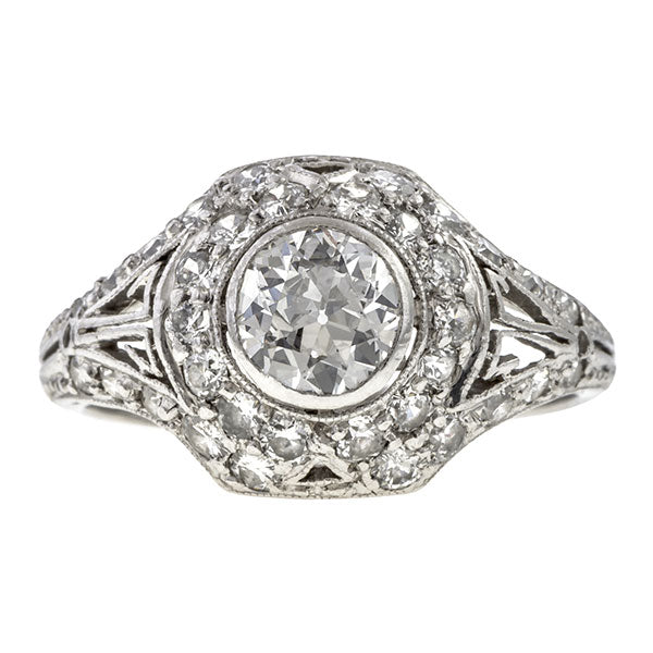 Art Deco ring: a Platinum Transition Round Brilliant Cut Diamond Engagement Ring sold by Doyle & Doyle vintage and antique jewelry boutique.