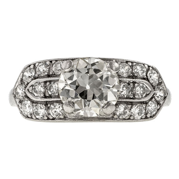 Art Deco ring: a Platinum Round Brilliant And Old European Cut Diamond Engagement Ring sold by Doyle & Doyle vintage and antique jewelry boutique.