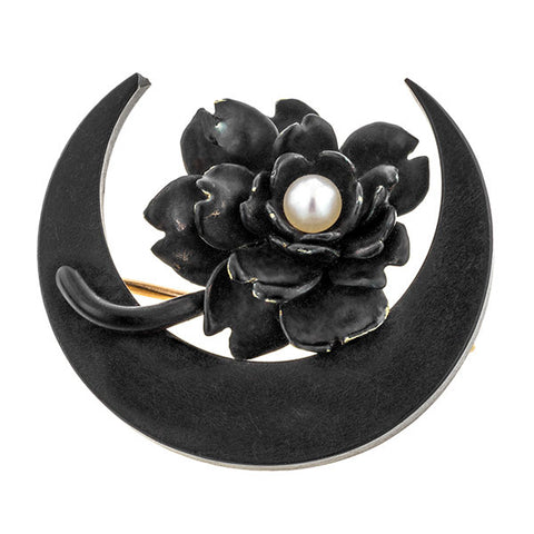 Antique Victorian brooches: a Rose Gold Black Enamel Moon and Flower Shaped With Pearl Brooch sold by Doyle & Doyle vintage and antique jewelry boutique.