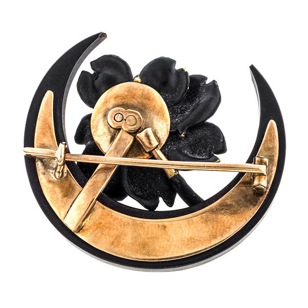 Antique Victorian brooches: a Rose Gold Black Enamel Moon and Flower Shaped With Pearl Brooch sold by Doyle & Doyle vintage and antique jewelry boutique.