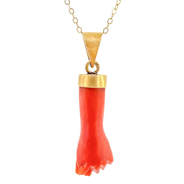 Vintage necklace: a Yellow Gold Coral Figa Hand Charm Pendant sold by Doyle & Doyle vintage and antique jewelry boutique. 