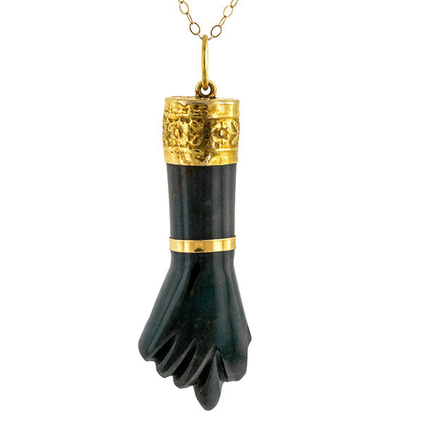 Vintage necklaces: a Yellow Gold Bloodstone Figa Hand Charm Pendant sold by Doyle & Doyle vintage and antique jewelry boutique.