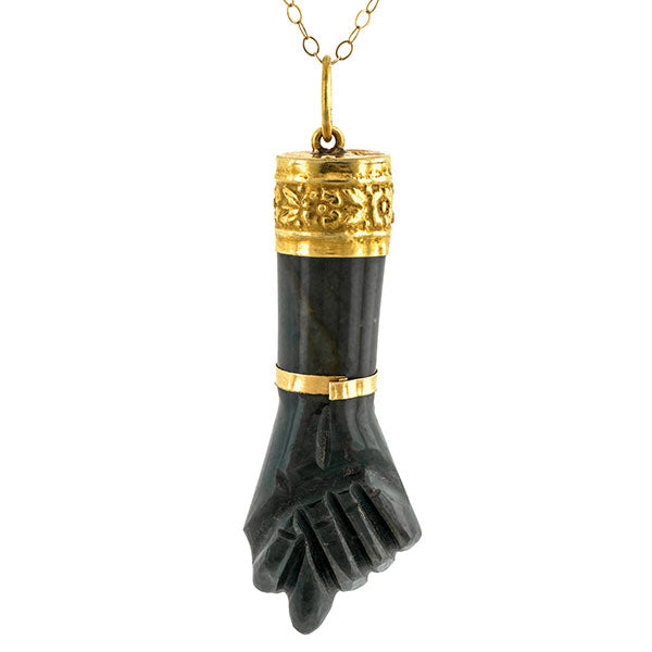 Vintage necklaces: a Yellow Gold Bloodstone Figa Hand Charm Pendant sold by Doyle & Doyle vintage and antique jewelry boutique.