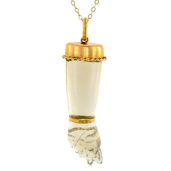 Vintage necklace: a Yellow Gold Rock Crystal Figa Hand Charm Pendant sold by Doyle & Doyle vintage and antique jewelry boutique.