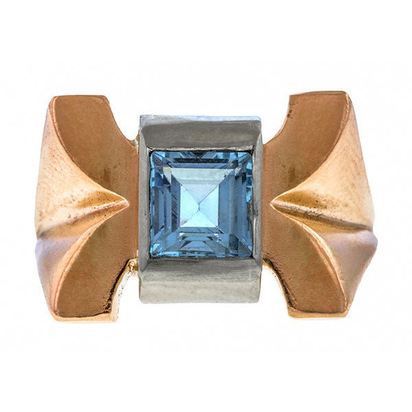 Retro ring: a Rose Gold And White Gold Square Step Aquamarine Ring sold by Doyle & Doyle vintage and antique jewelry boutique.
