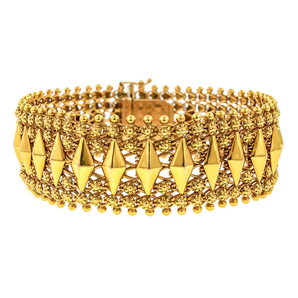 Retro bracelet: a Yellow Gold Textured Floral Motif Bracelet sold by Doyle & Doyle vintage and antique jewelry boutique.