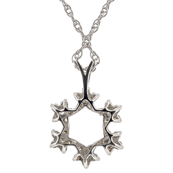 Vintage necklace: a White Gold Single Cut Diamond Snowflake Pendant sold by Doyle & Doyle vintage and antique jewelry boutique.