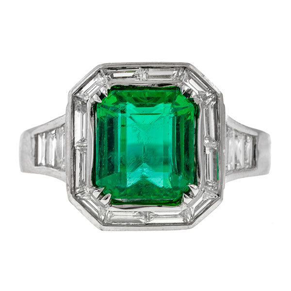 Estate ring: a Platinum Tiffany & Co. Emerald & Diamond Engagement Ring sold by Doyle & Doyle vintage and antique jewelry boutique.