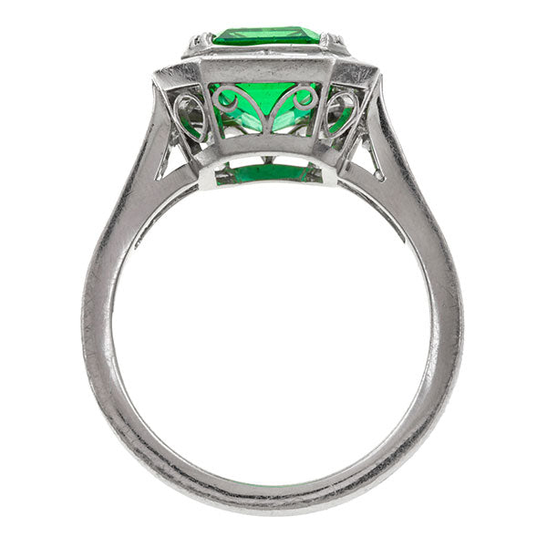 Estate ring: a Platinum Tiffany & Co. Emerald & Diamond Engagement Ring sold by Doyle & Doyle vintage and antique jewelry boutique.
