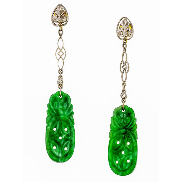 Art Deco Jade & Diamond Drop Earrings, sold by Doyle & Doyle an antique & vintage jewelry boutique.
