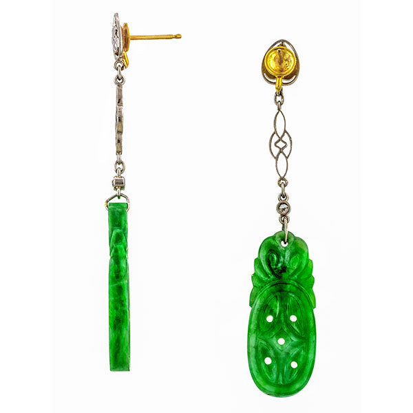 Art Deco Jade & Diamond Drop Earrings, sold by Doyle & Doyle an antique & vintage jewelry boutique.