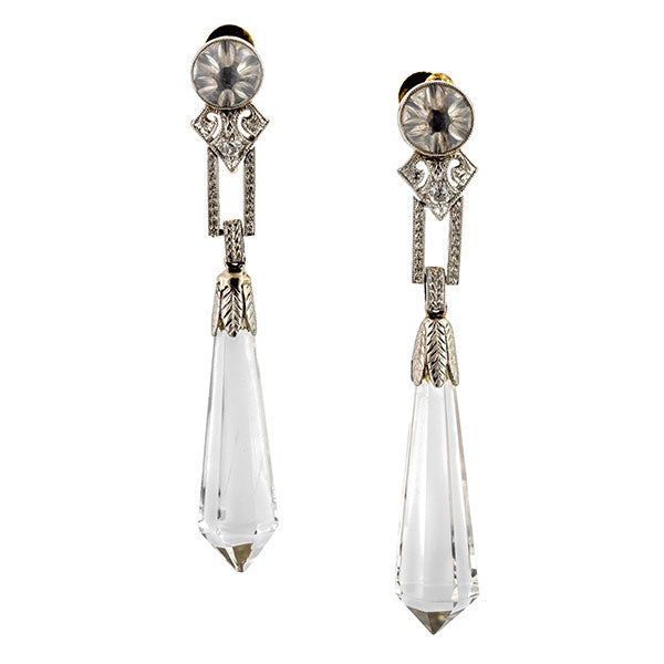 Art Deco earrings: a Platinum Rock Crystal And Diamond Drop Earrings sold by Doyle & Doyle vintage and antique jewelry boutique.