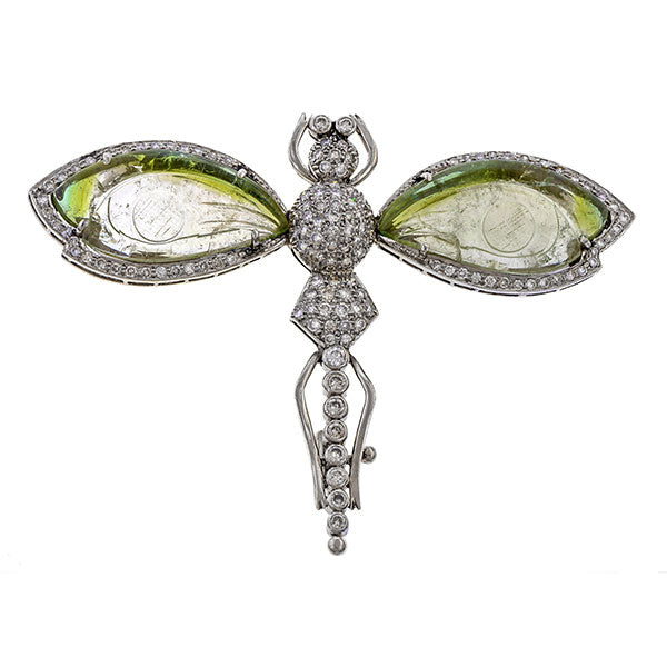 Diamond & Carved Green Stone Dragonfly Brooch sold by Doyle and Doyle an antique and vintage jewelry boutique