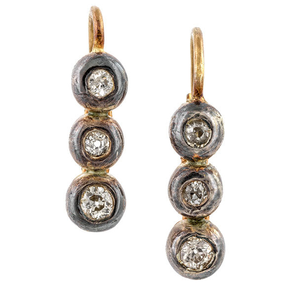 Antique earrings: a Silver-Topped Rose Gold Old European Cut Diamond Drop Earrings sold by Doyle & Doyle vintage and antique jewelry boutique.