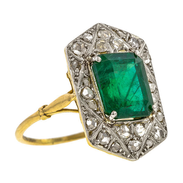Antique ring: a Platinum Topped Yellow Gold Emerald & Diamond Ring sold by Doyle & Doyle vintage and antique jewelry boutique.
