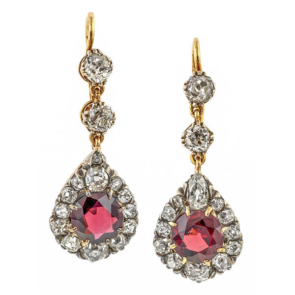 Victorian earrings: a Silver-Topped Yellow Gold Garnet And Diamond Drop Earrings sold by Doyle & Doyle vintage and antique jewelry boutique.