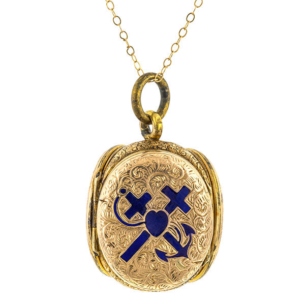 Victorian Three Compartment Hope Faith & Charity Locket, sold by Doyle & Doyle an antique and vintage jewelry store.