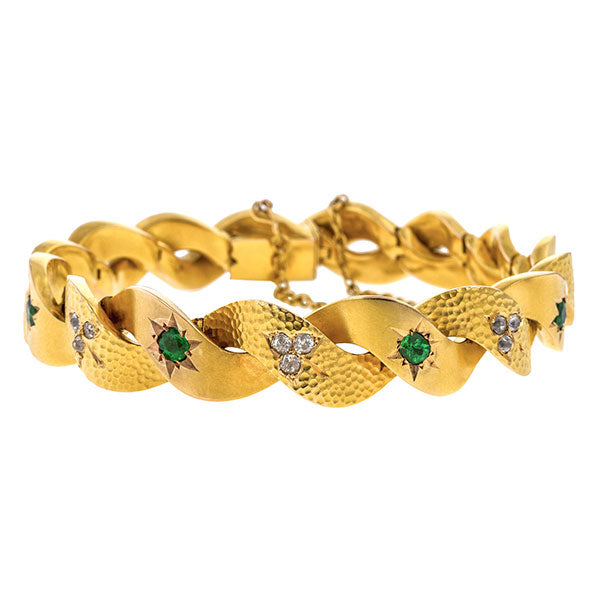 Antique bracelet: a Yellow Gold Cushion Cut Emeralds & Diamond Entwined Links Bracelet sold by Doyle & Doyle vintage and antique jewelry boutique.