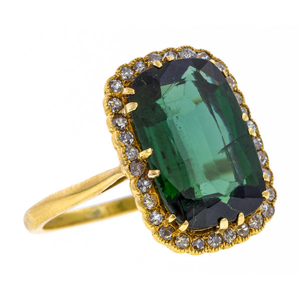 Victorian ring: a Yellow Gold Cushion Cut Tourmaline Framed By Single Cut Diamonds Ring sold by Doyle & Doyle vintage and antique jewelry boutique.