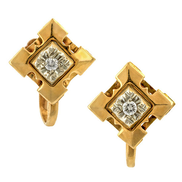 Vintage earrings: a Rose & White Gold Two Toned Diamond Earrings sold by Doyle & Doyle vintage and antique jewelry boutique.
