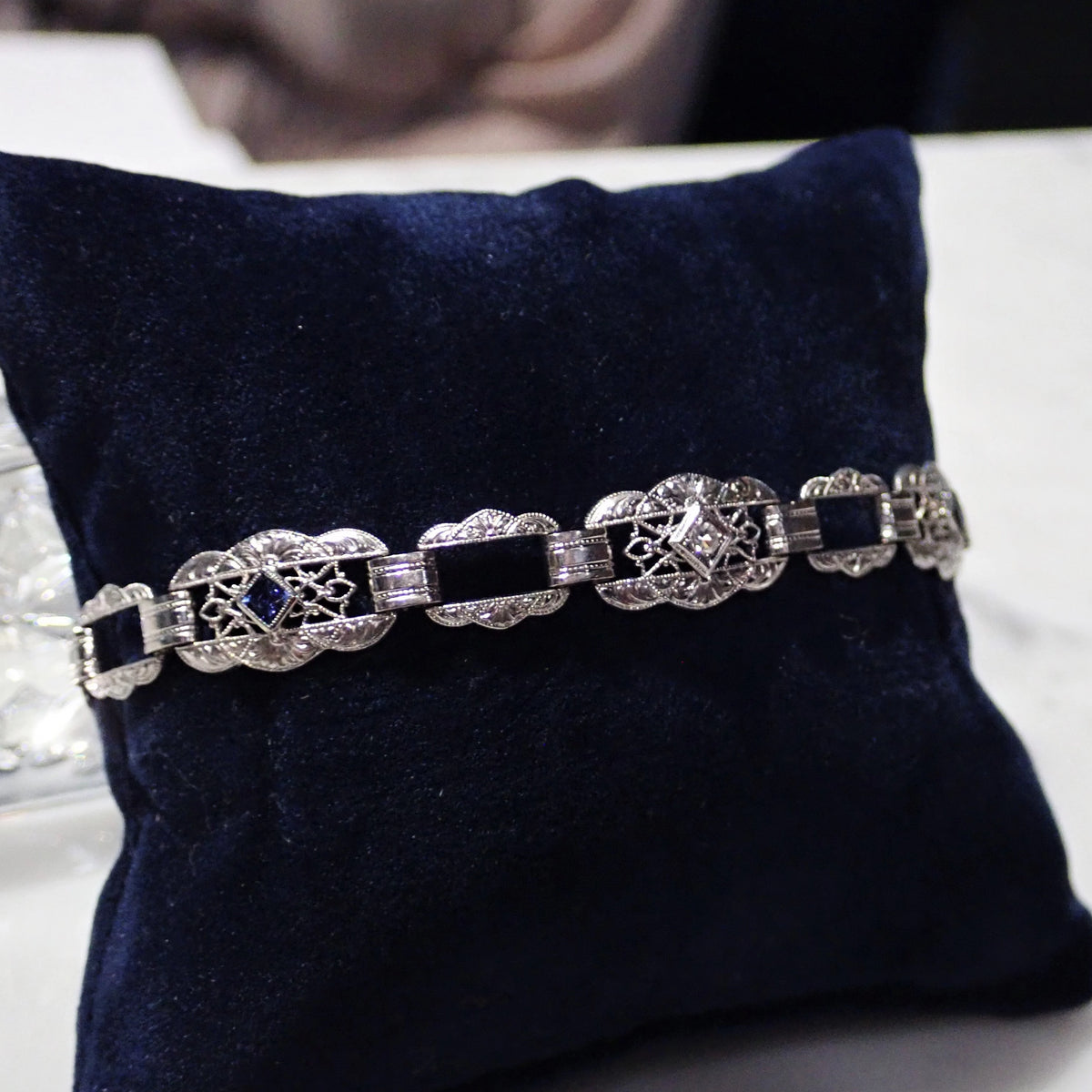 Vintage Filigree Diamond and Sapphire Bracelet