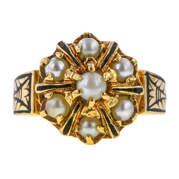 Vintage ring: a Yellow Gold Pearl Cluster Enamel Ring sold by Doyle & Doyle vintage and antique jewelry boutique.
