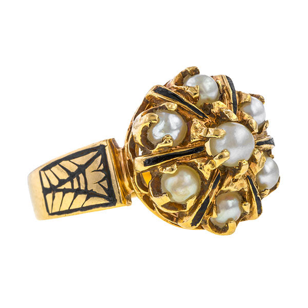 Vintage ring: a Yellow Gold Pearl Cluster Enamel Ring sold by Doyle & Doyle vintage and antique jewelry boutique.