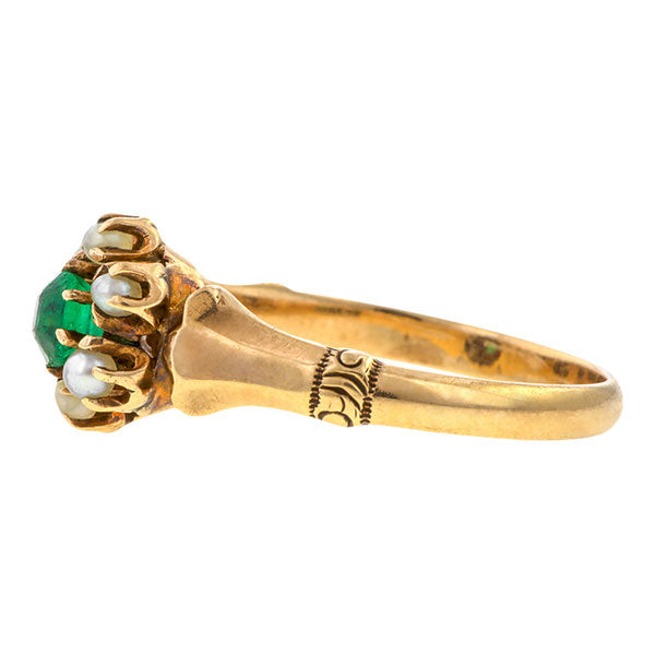 Victorian ring: a Rose Gold Emerald & Pearl Ring sold by Doyle & Doyle vintage and antique jewelry boutique.