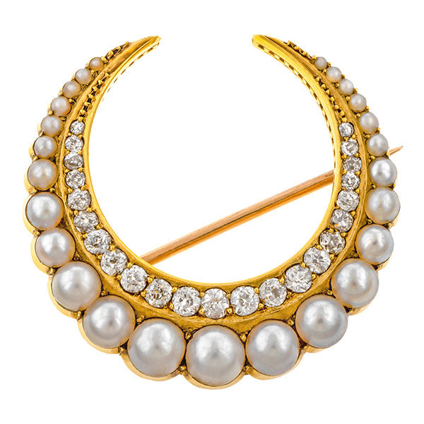 Antique Crescent Pin, a brooch wet with Pearls & Diamonds, sold by Doyle & Doyle an antique & vintage jewelry boutique.