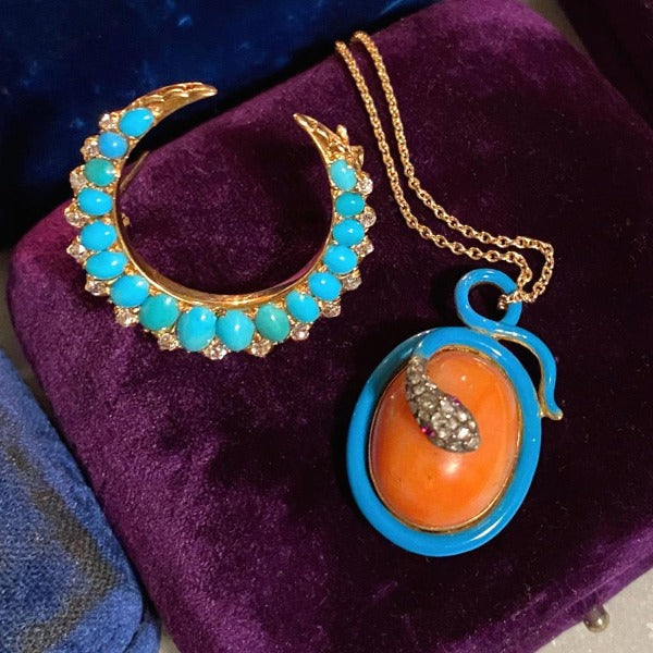 Coral, Rose Cut diamond & Enamel Snake Pendant from Doyle & Doyle