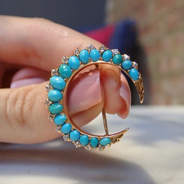 Antique Crescent Pin, a brooch set with Turquoise & Diamonds, sold by Doyle & Doyle an antique & vintage jewelry boutique.
