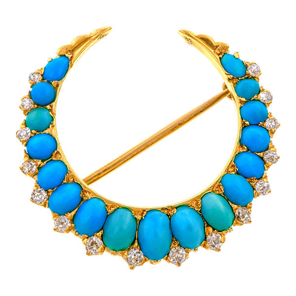 Antique Crescent Pin, a brooch set with Turquoise & Diamonds, sold by Doyle & Doyle an antique & vintage jewelry boutique.