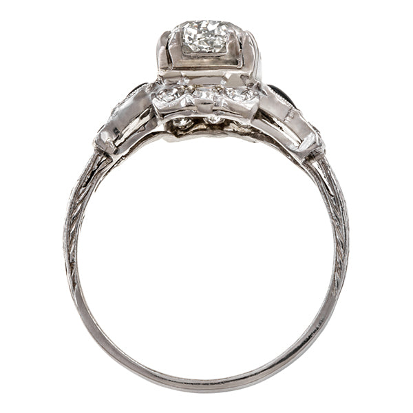 Art Deco ring: a Platinum Modified Brilliant Cut Diamond Engagement Ring sold by Doyle & Doyle vintage and antique jewelry boutique.