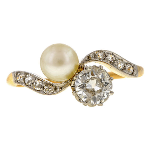 Vintage Pearl & Diamond Toi et Moi Ring sold by Doyle & Doyle vintage and antique jewelry boutique.